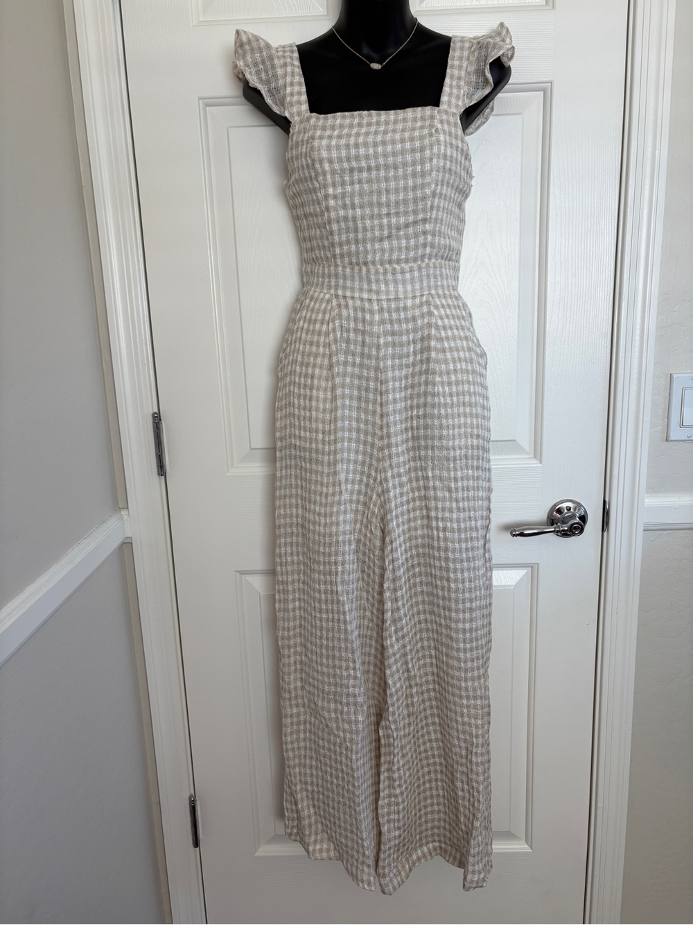 Blue B Collection Tan & White Linen Gingham Jumpsuit NWT